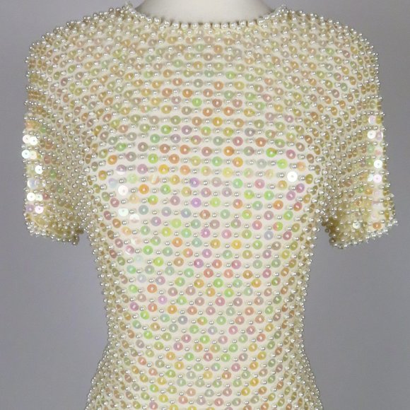 Vintage 80s Pearl Heavily Beaded Cocktail Party Prom Trophy Sheath Dress  S M - Picture 5 of 16